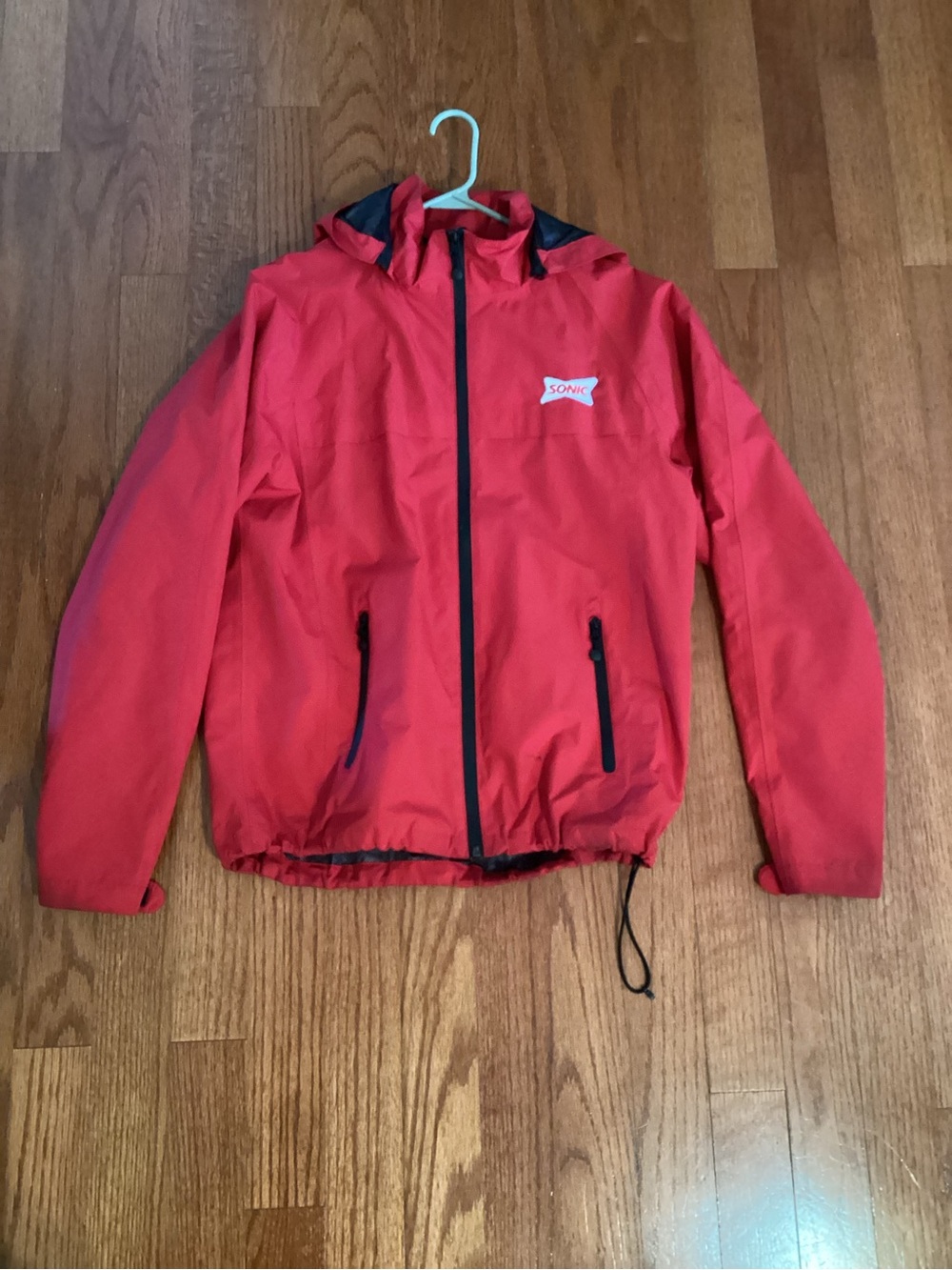 SONIC Port Authority Red Hooded Kids Rain Jacket with Black Trim Size Medium